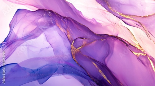 A fancy, abstract art piece looks like flowing liquid. It uses blues and purples like alcohol ink. It resembles cut marble with shiny gold lines, creating a soft and dreamy feel.
