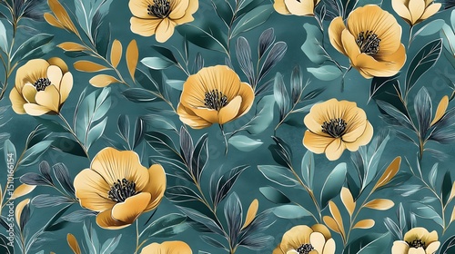 Elegant Teal and Gold Floral Seamless Pattern