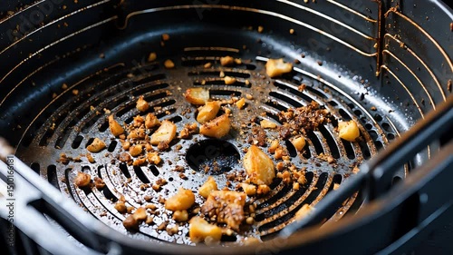 Close-up of greasy leftover food crumbs and burnt residue inside an air fryer basket after cooking, showing dirty nonstick metal surface

