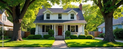 Charming single-family home on a tree-lined street, perfect for a cozy family Large yard, inviting front porch, classic architecture Ideal suburban living , roofline, cozy, fall