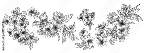 Vector set of 5 blossoming cherry inflorescences. Spring flowers collection. Delicate decor of bloom branches in engraving style. For invitations, cards, banners, packaging