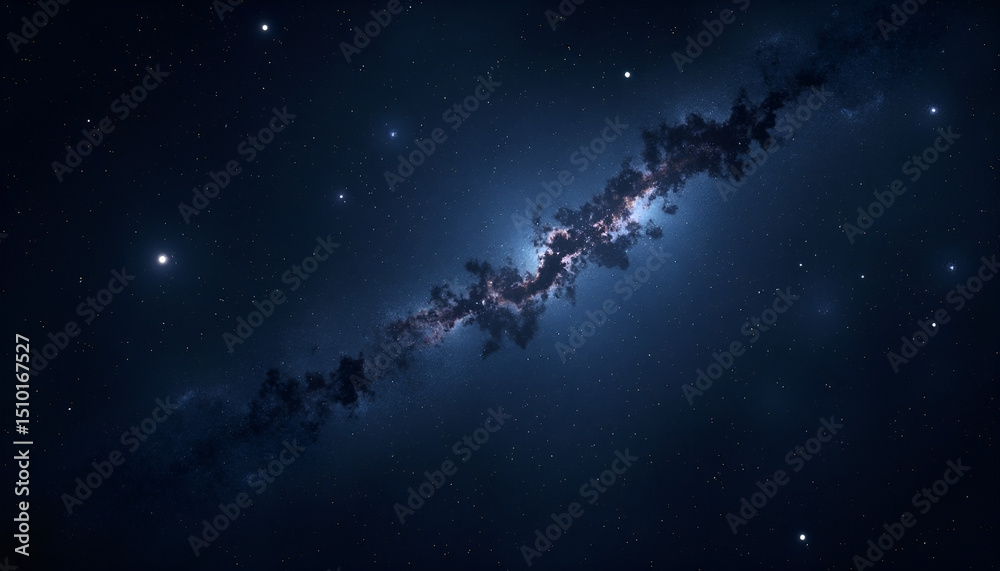 Fototapeta premium Vast expanse of deep blue and black space reveals a glowing galaxy cluster with stars.