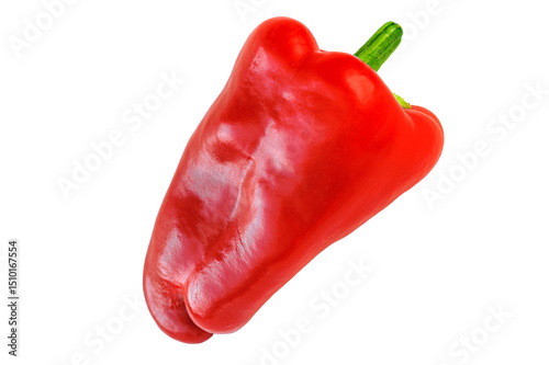 Red ripe juicy bell pepper fruit isolated on transparent, white background. Blank for artistic design works and advertising on topic of cooking. Plant-based foods, diet for vegetarianism and veganism