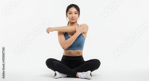 Young asian woman stretching arms in yoga pose