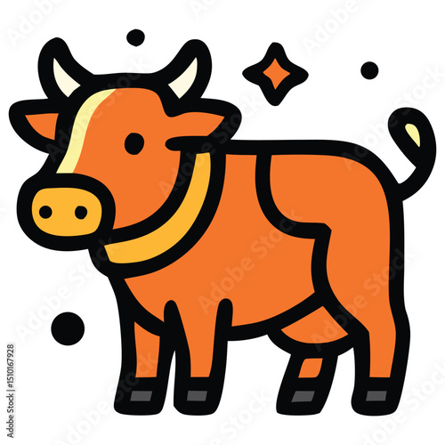 An adorable flat icon of a cow, representing the sacrificial animal used during the Islamic holiday of Eid al-Adha. Ideal for themes related to religious traditions, farm animals, or celebrations.