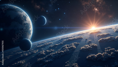 A breathtaking cosmic vista featuring planets, moons, and a radiant sun rising in space.