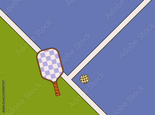Vector banner with pickleball equipment on court, retro line style illustration