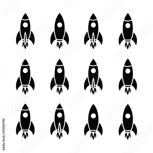 Twelve simple rocket ship icons pattern