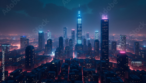 A futuristic cityscape glows with vibrant neon light at night,creating a digital dreamscape.