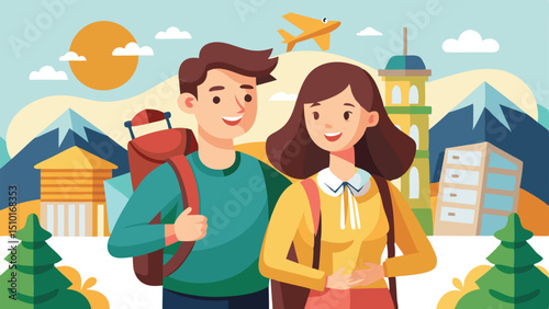 Smiling Tourist Couple with Backpacks Against a Landscape with Mountains, Trees, and Airplane