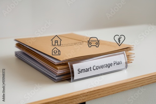 Smart financial insurance coverage concept. Stack of folders labeled 