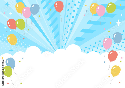 Sparkling radiation, concentrated blue background with balloon. Birthday design. Background illustration of a blue sky with balloons flying around