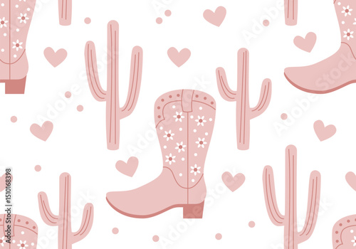 Seamless pattern with pink Cowboy fashion elements. Cowgirl boots, cactus, heart. Cowboy western and wild west theme. Rodeo design. Country music