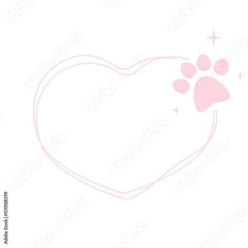 Pet footprint heart frame, pets love symbol, love heartt shape frame with dog or cat paws cute steps