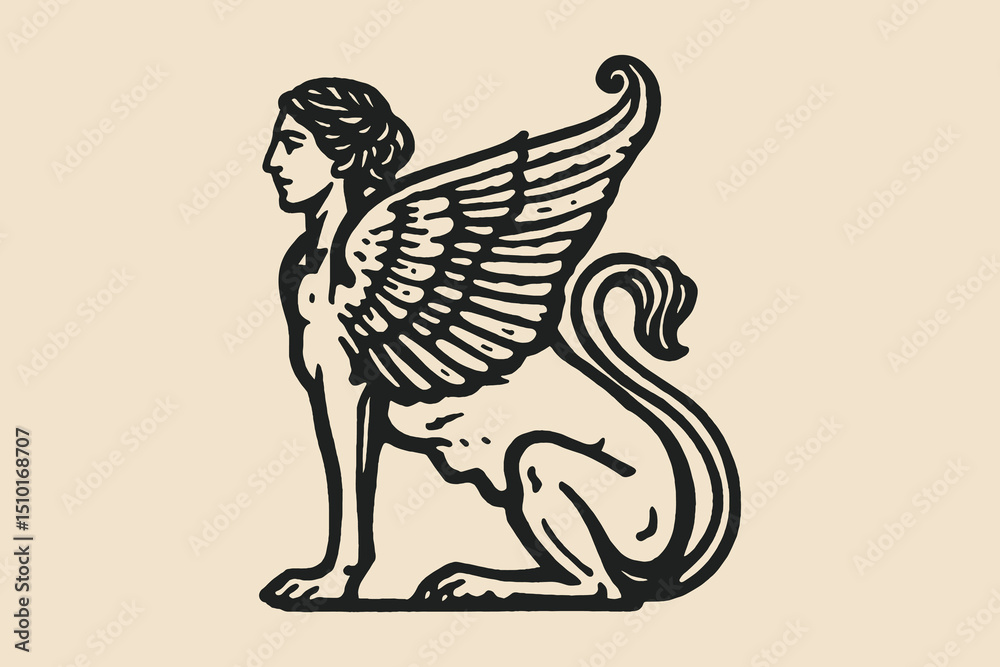 Obraz premium Greek sphinx mythological creature engraving vector illustration