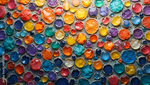 Abstract design featuring a collection of colorful, translucent, organic shapes on textured ground