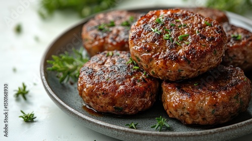 Sizzling Sausage Patties Garnished with Thyme on a Plate
