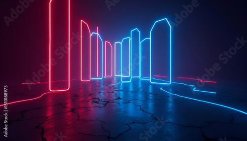 Abstract neon architecture glows with vibrant red and blue colors in a minimalist futuristic space.