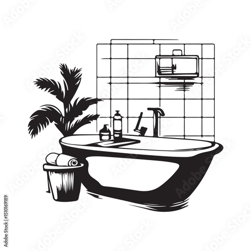 Vector illustration of a modern bathroom design silhouette, featuring sleek fixtures and contemporary layout isolated on white background.