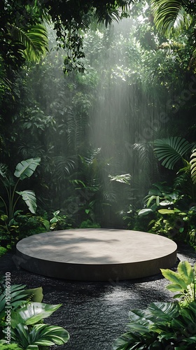 A serene jungle scene with verdant foliage illuminated by sunlight shining down upon a concrete podium ready for product display