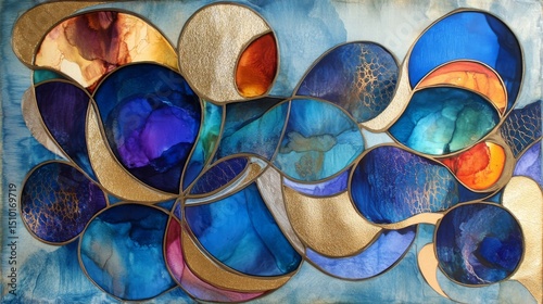 Fancy art with flowing shapes, like alcohol ink, in blue, gold, and pretty colors.
