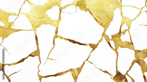 Gold kintsugi crack design on white. Golden texture looks like broken marble. Shiny glitter, great for fancy cards, wedding invites, or cover designs.
