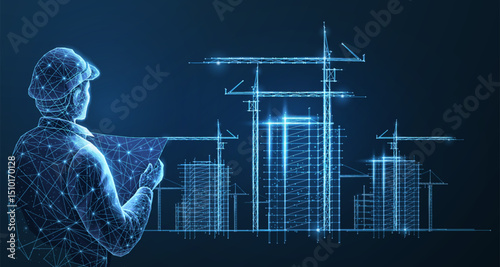 Digital construction site sketch with excavator. Building 3D Printing, Building Information Modeling