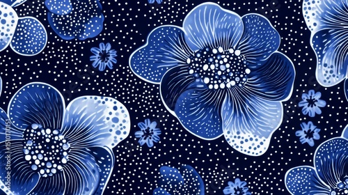 Indigo and white dots make a pretty flower design. It's a repeating pattern.
