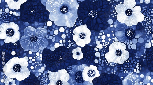 Indigo and white dots and flower shapes create a seamless pattern with a mottled look.
