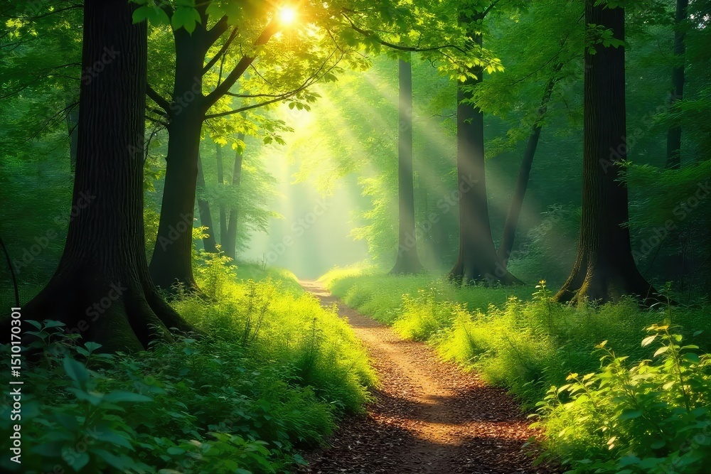 Naklejka premium Sun-dappled forest path winds through lush green canopy, dappled sunlight filtering through leaves, creating magical atmosphere Perfect for nature, travel, and adventure themes , woods, nature