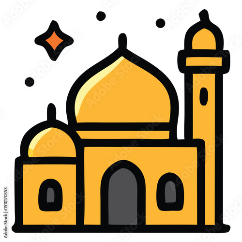 A distinctive flat icon featuring a mosque silhouette with a crescent moon and star, clearly representing Eid al-Adha and Islamic celebrations. Ideal for religious holiday or spiritual themes.