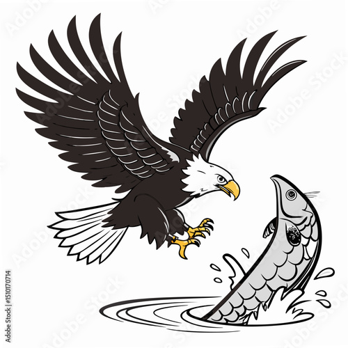Bald eagle soaring down to catch fish depicted in a dynamic vector illustration with transparent background