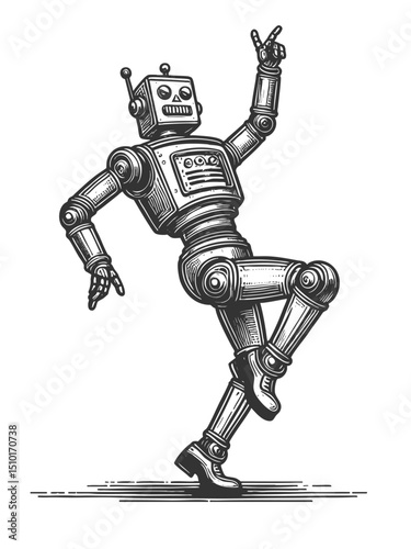 robot dancing joyfully and flashing a peace sign, symbolizing fun, technology, and playful energy sketch engraving generative ai vector illustration. Scratch board imitation. Black and white image.