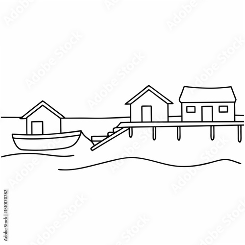 Black and white outline illustration of a coastal scene featuring houses on pilings and a boat in the sea