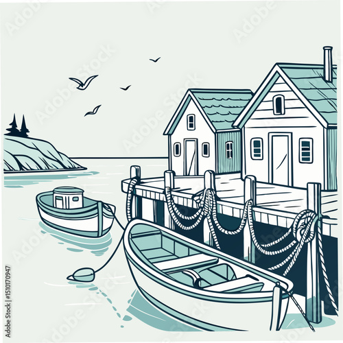 Coastal scene with boats and cottages on a pier with transparency available for versatile design purposes