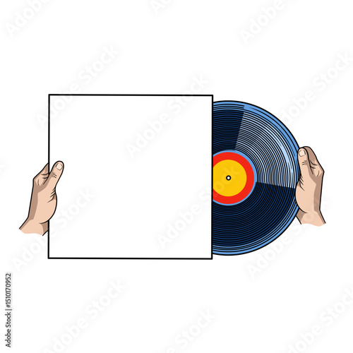 hands pull a vinyl record from its blank white sleeve Perfect for music album art or retro design concepts	
