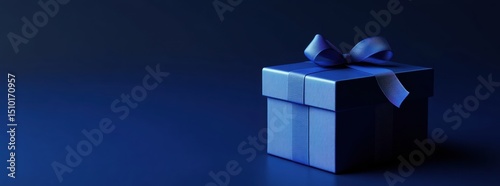 Close-up of elegant blue gift box with satin ribbon on dark gradient background. Soft studio lighting. Luxurious and festive atmosphere. Perfect for celebrations, branding, or holiday promotions