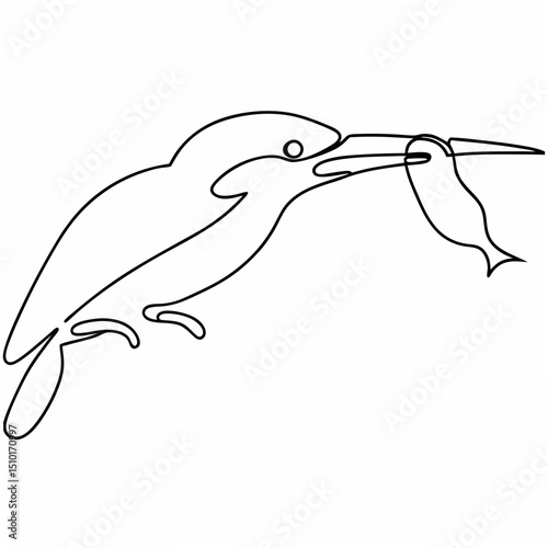 Continuous line illustration of a kingfisher bird catching a fish ready for various design uses.