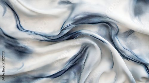 White silk with a smooth indigo tie-dye design. This fabric is hand-painted using a special batik technique called shibori.
