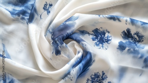 White silk with a smooth indigo tie-dye design. This fabric is hand-painted using a special batik technique called shibori.
