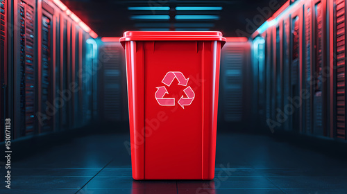 A red recycling bin with a white recycle symbol stands in a futuristic, neon-lit hallway lined with technology.