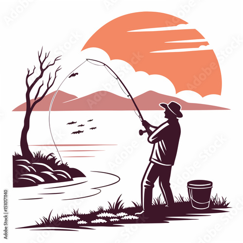 Fisherman casting a line at sunset silhouette vector illustration suitable for fishing related design projects