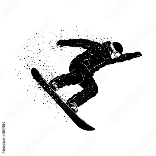 Snowboarder silhouette in mid air action pose isolated on transparent background