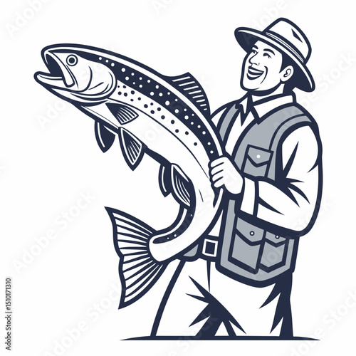Happy fisherman celebrating a large catch in a stylish illustration suitable for branding and outdoors projects