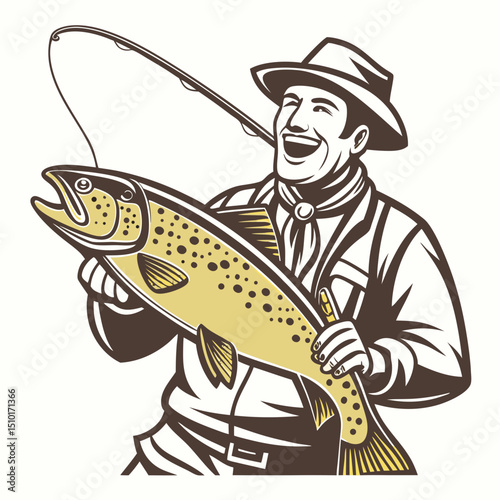 Happy fisherman celebrating catching a large fish vector illustration with transparency for various design purposes