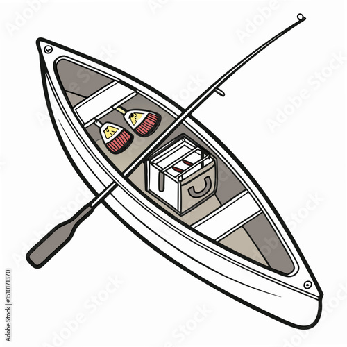 Illustrated canoe with fishing gear, angling equipment and paddles, isolated on white, suitable for various design projects