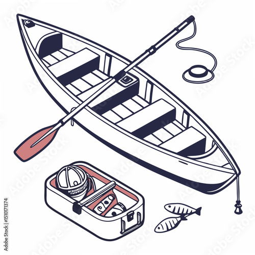 Illustrated boat and fishing equipment with oar, fishing rod, and fish, suitable for various design applications