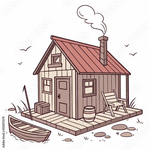 Illustrated cartoon of a seaside cabin featuring a boat and furniture with a decorative stylized appearance, for a seaside concept.