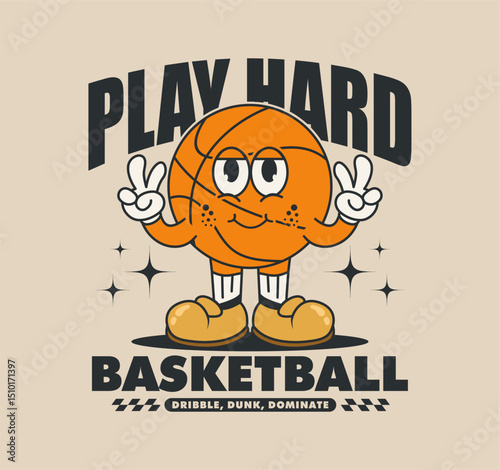 Retro cartoon basketball mascot design with the quote Play Hard. Perfect for t-shirts, posters, and sports themed projects. Vector illustration