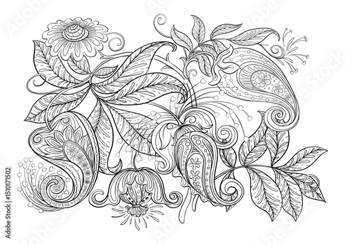 Fantasy flowers in retro, vintage, jacobean embroidery style. Clip art, set of elements for design Vector illustration.